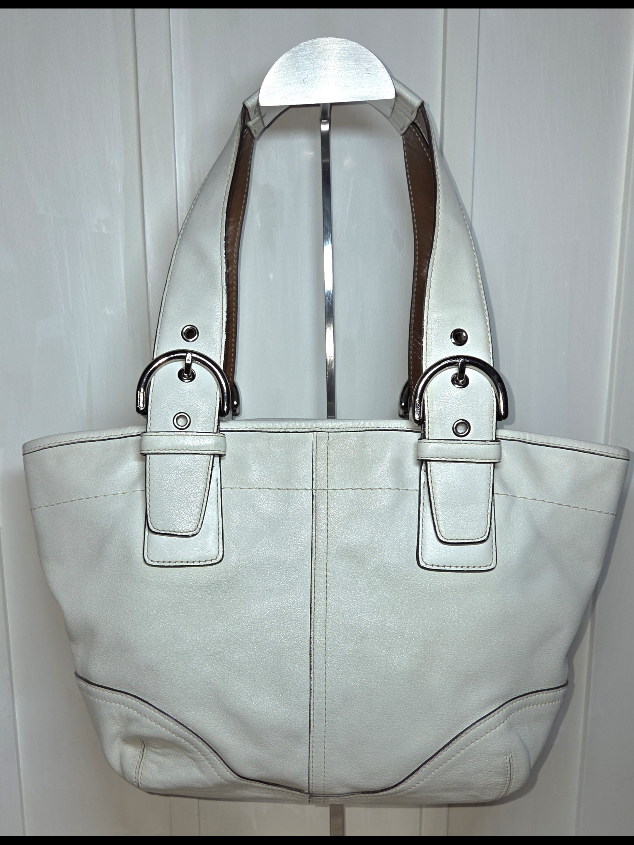 Coach White Ivory Smooth Leather Satchel Wide Strap
